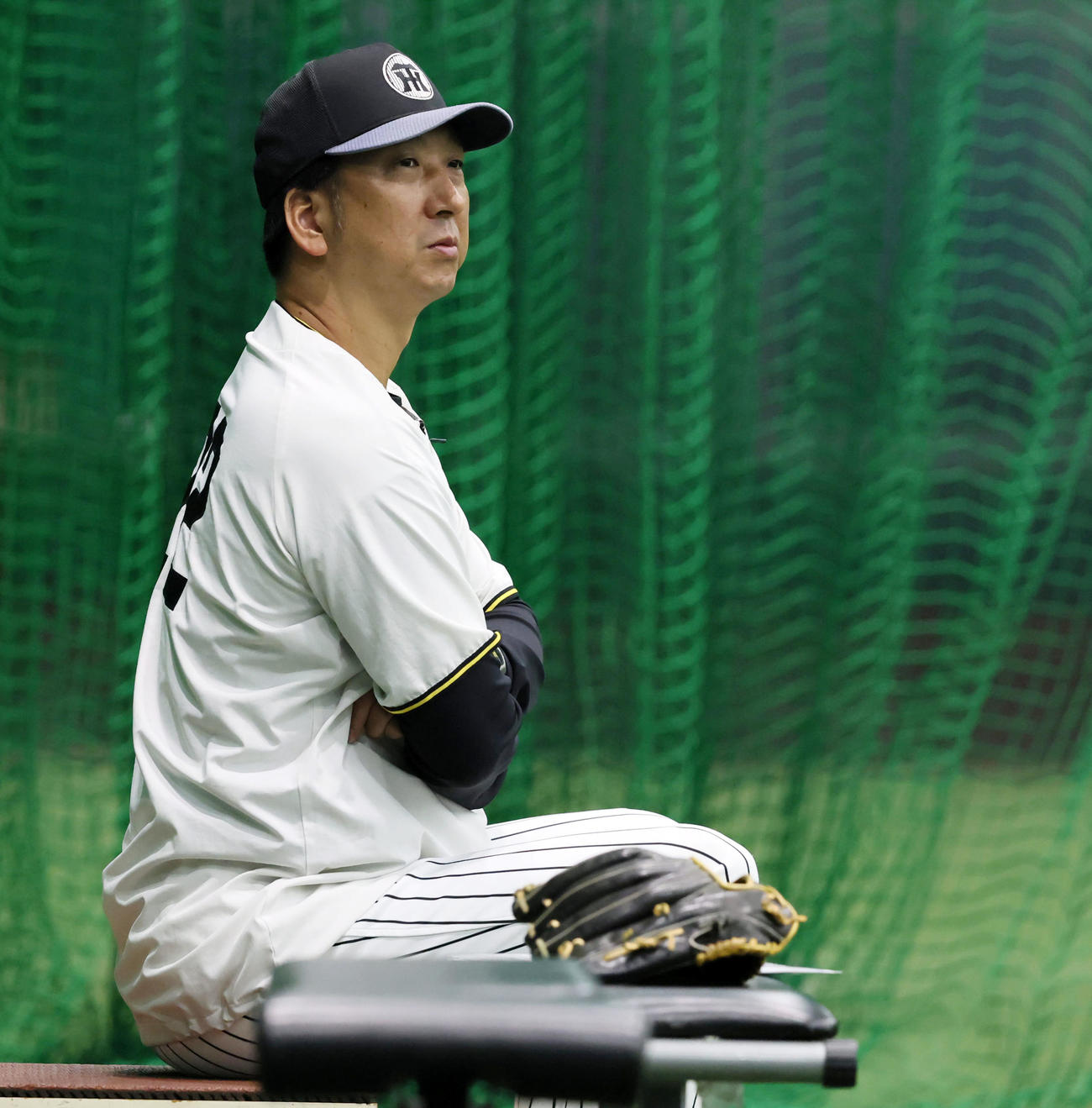ベンチに腰掛けてナインの練習を見る阪神藤川監督（撮影・加藤哉）