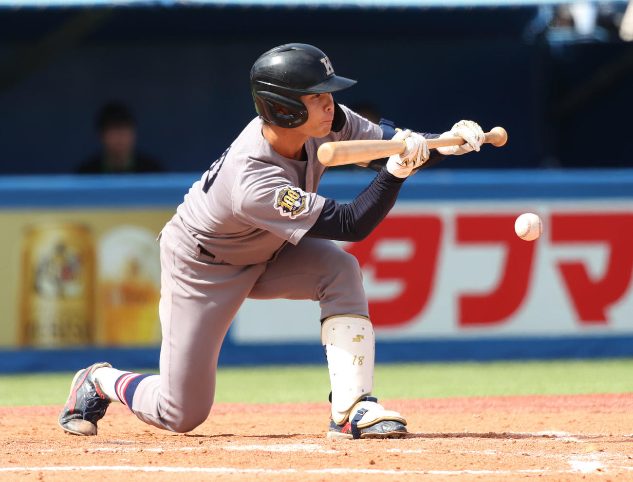 東大対慶大　4回裏慶大1死一、二塁、外丸は送りバントを決める（撮影・柴田隆二）　　