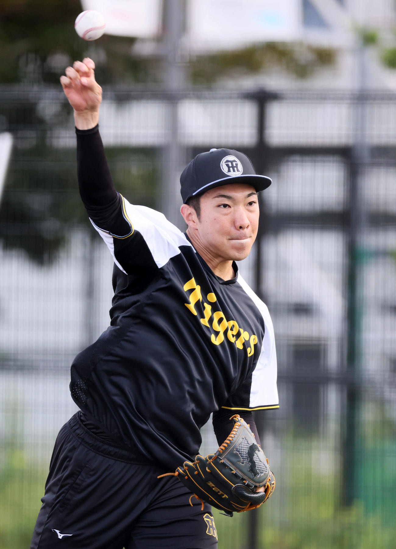 練習でキャッチボールする阪神石井（撮影・加藤哉）