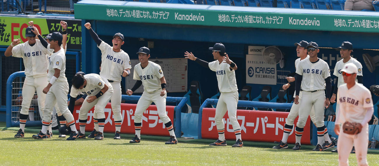 法大対早大　9回表法大2死一、三塁、今泉の中前適時打に盛り上がるベンチ（撮影・野上伸悟）