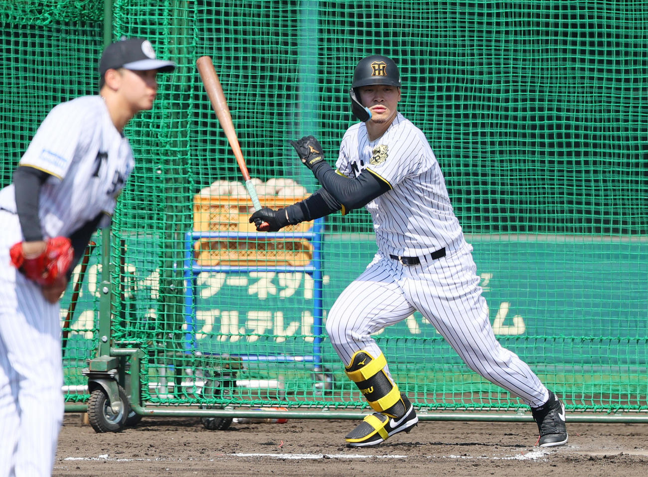 ケース打撃無死一、三塁、佐藤輝は左中間適時打を放つ（撮影・上山淳一）