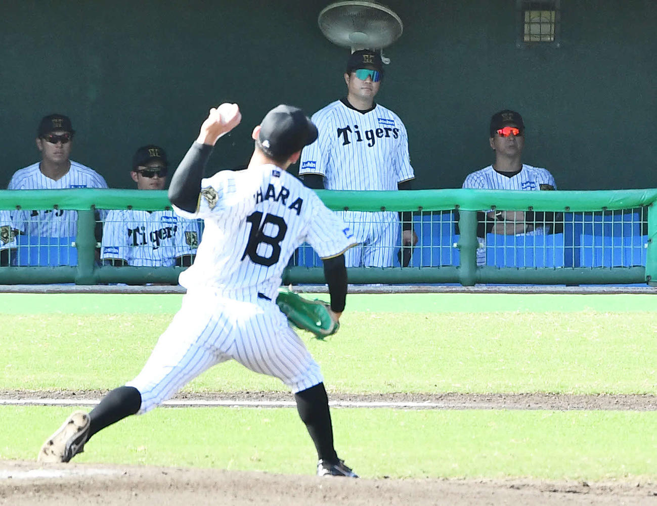 阪神対中日　6回表、投球する伊原（手前）を見つめる阪神藤川監督（右端）（撮影・岩下翔太）