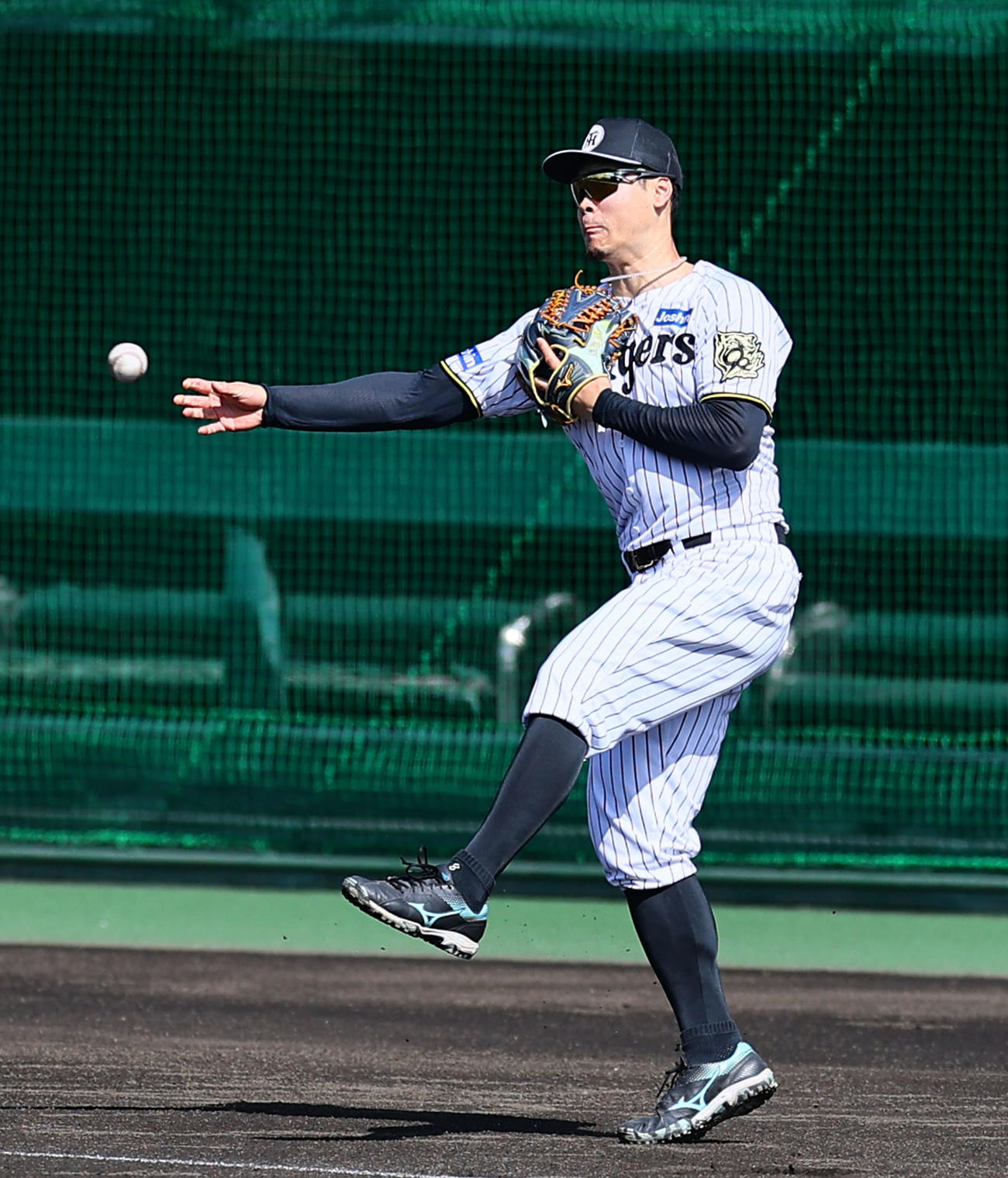 シートノックで送球する阪神佐藤輝（撮影・藤尾明華）