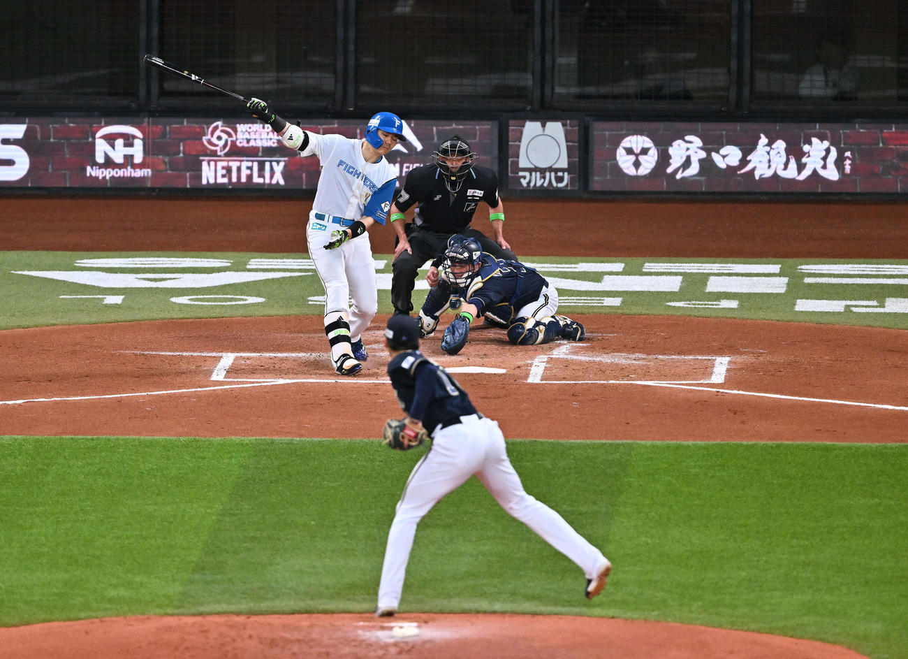 日本ハム対オリックス　1回裏日本ハム2死一塁、清宮幸は空振り三振に倒れる。投手山下（撮影・滝沢徹郎）