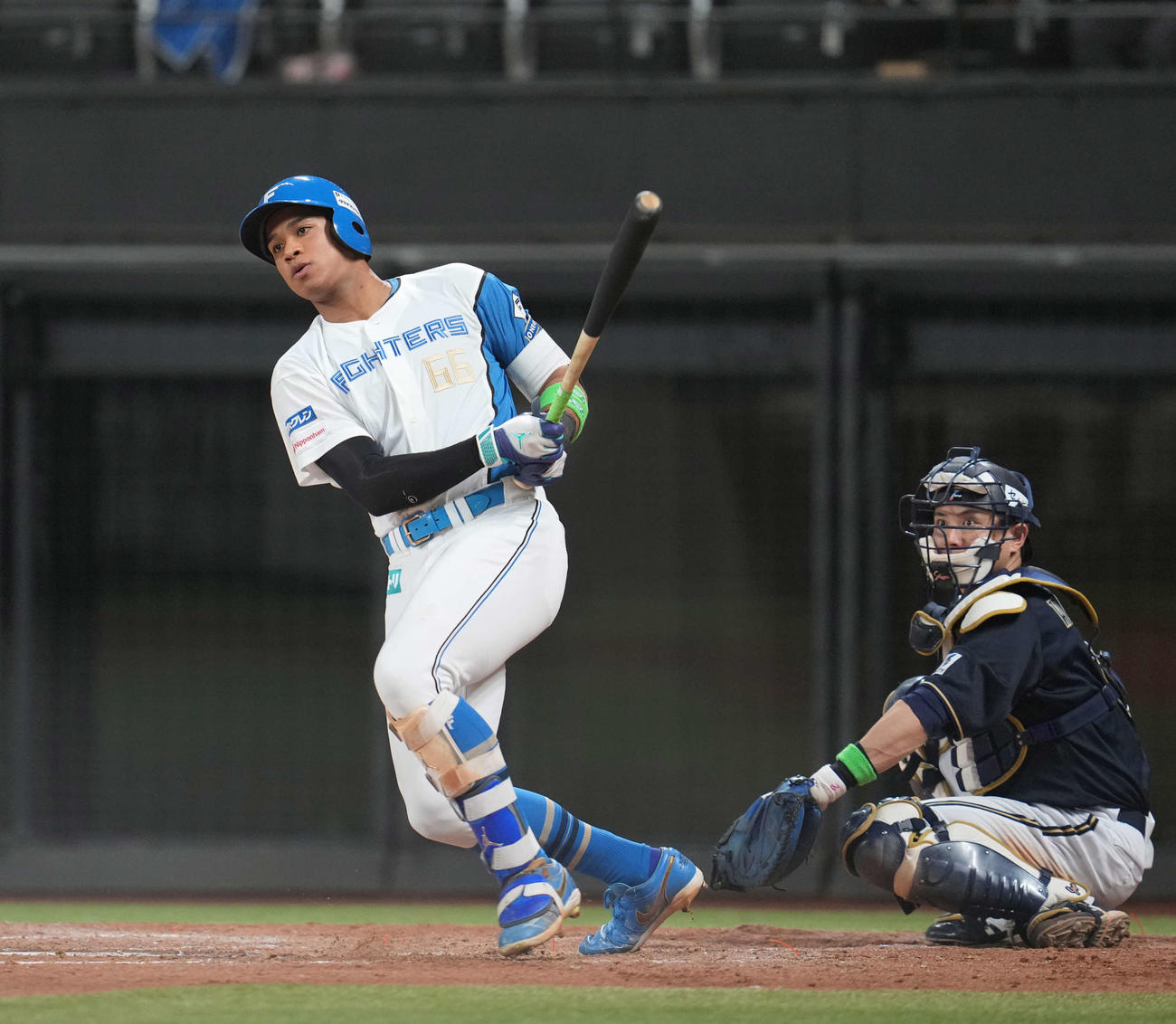 日本ハム対オリックス　5回裏日本ハム無死、左前打を放つ万波（撮影・井上学）