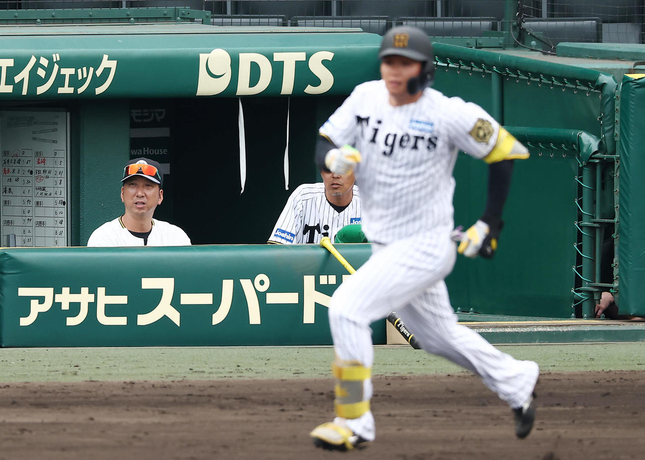 シート打撃を見守る阪神藤川監督。手前は森下（撮影・前田充）