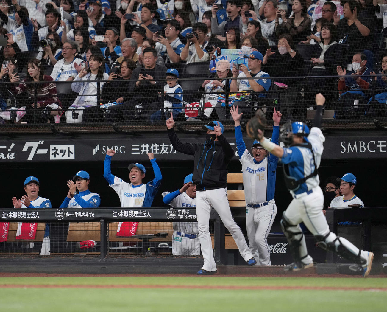 日本ハム対オリックス　オリックスに連勝しガッツポーズの日本ハム新庄監督（中央）（撮影・井上学）