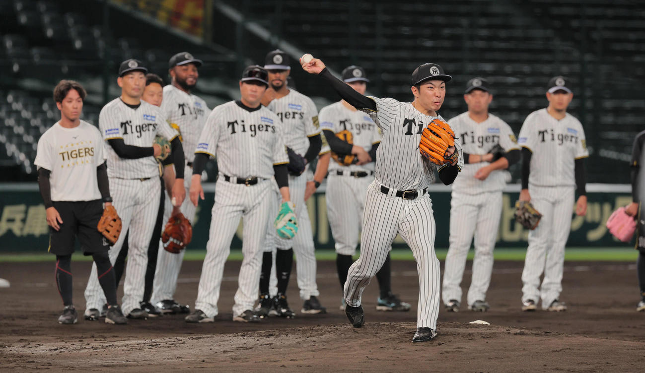 けん制練習を行う阪神石井（撮影・宮崎幸一）