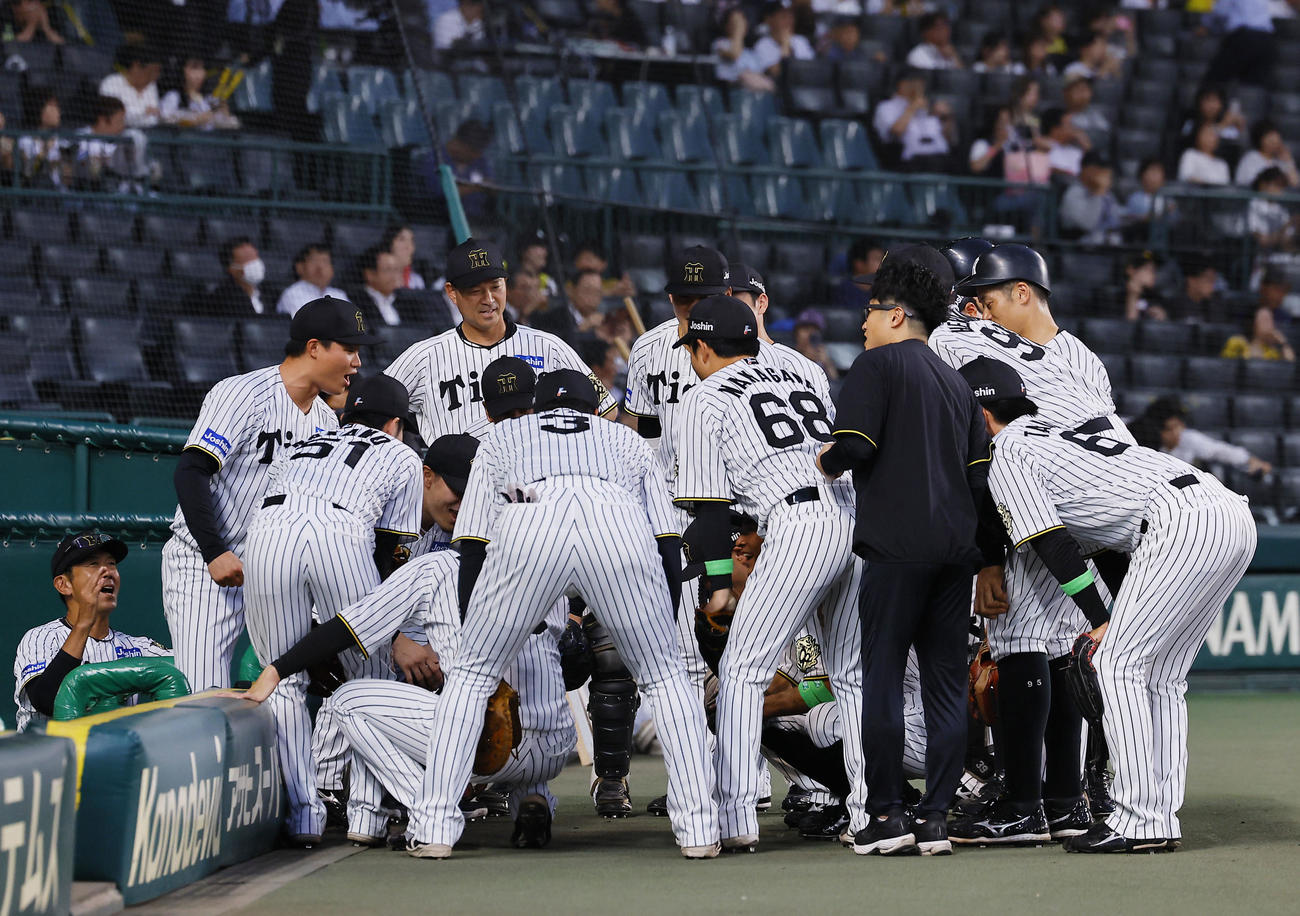 阪神対DeNA　円陣で声出しする阪神森下（左から2人目）（撮影・藤尾明華）