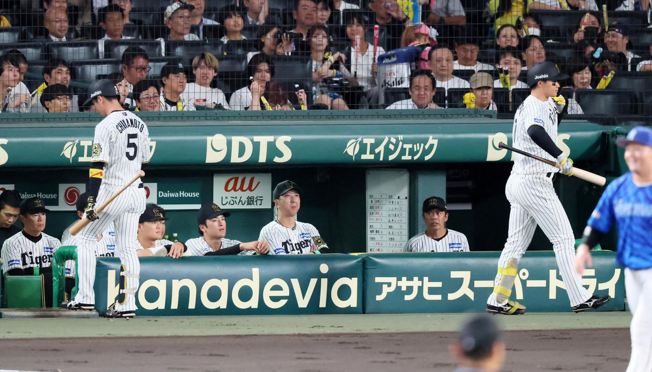 阪神対DeNA 1回裏、ベンチから打撃陣の攻撃を見る阪神藤川監督（撮影・加藤哉）