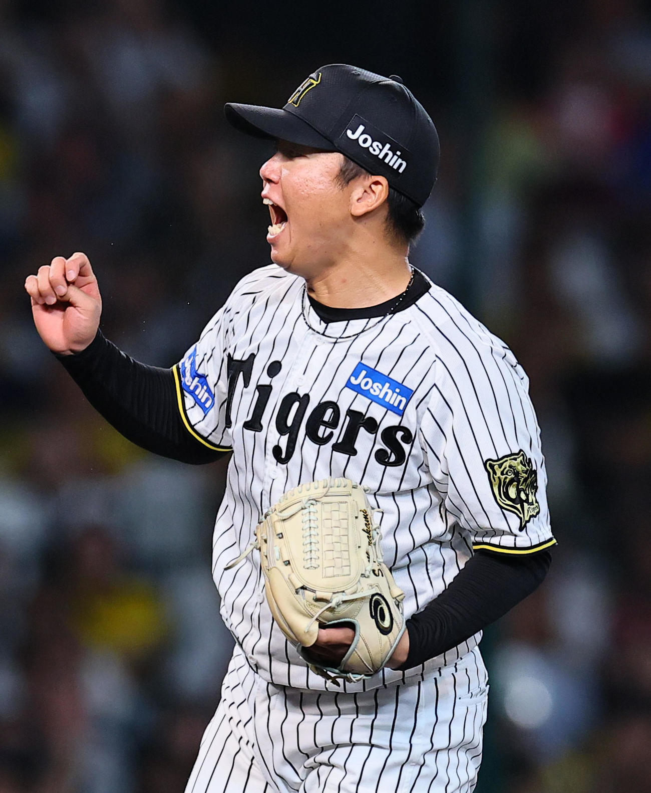 阪神対DeNA 3回表DeNA2死一、二塁、山本を三振に仕留め、ほえる村上（撮影・藤尾明華）