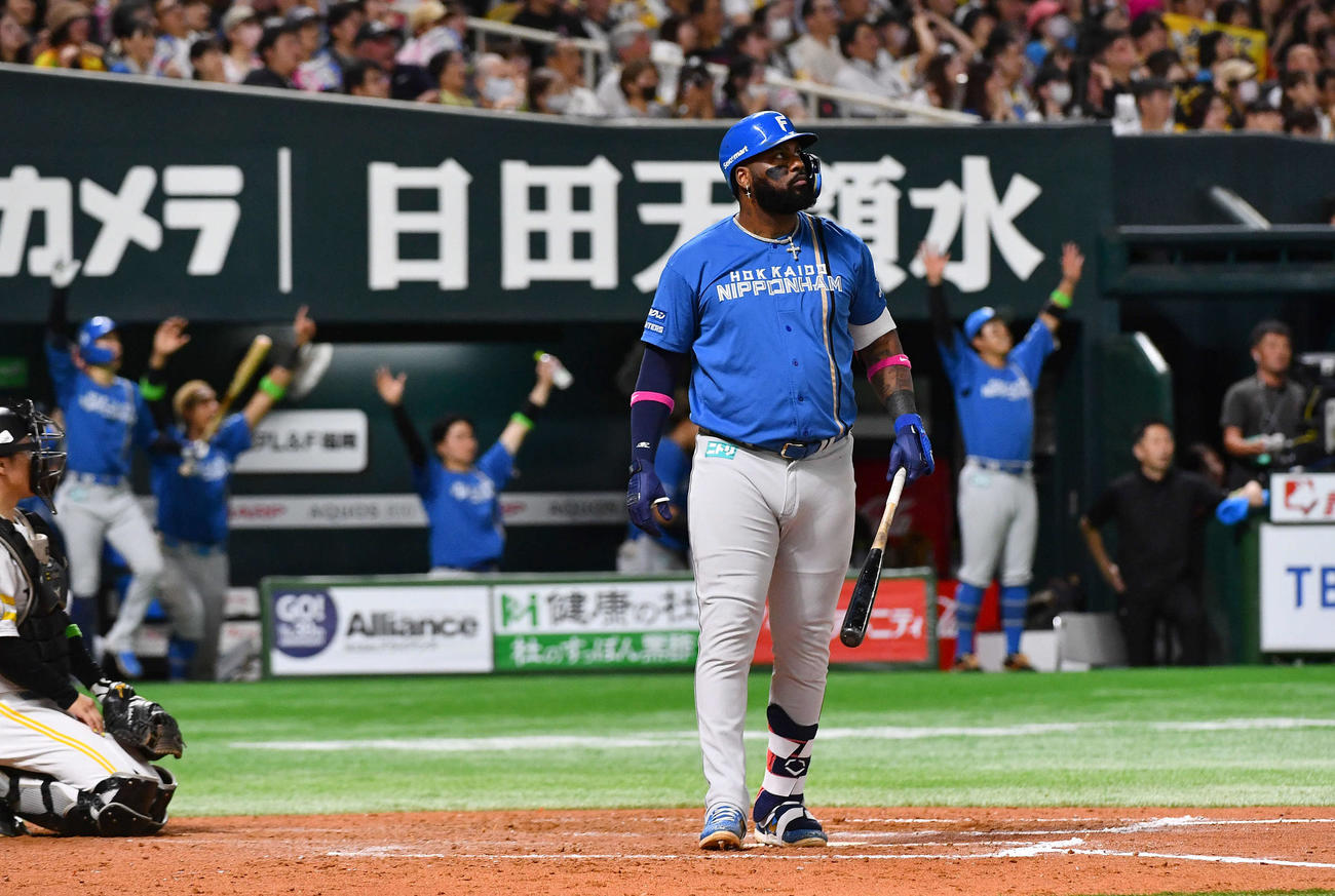 ソフトバンク対日本ハム　8回表日本ハム1死、レイエスは右中間へ同点本塁打を放つ（撮影・岩下翔太）