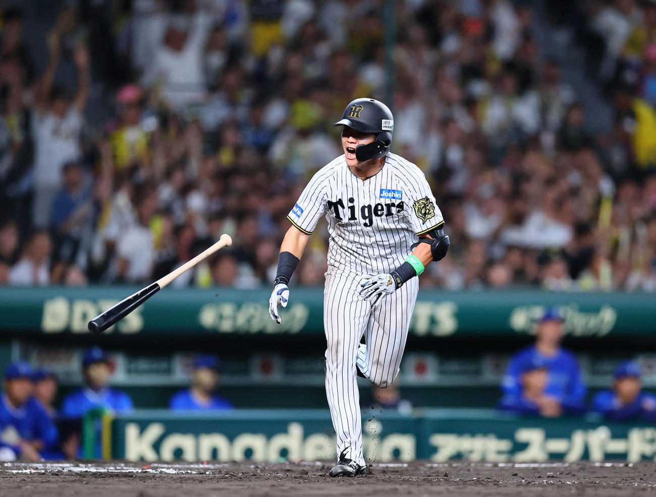 阪神対DeNA 6回裏阪神2死一、三塁、小野寺は右前適時打を放つ（撮影・藤尾明華）