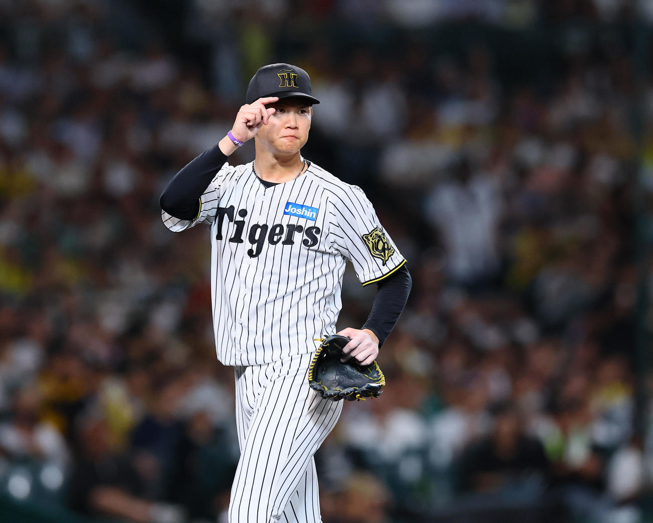 阪神対DeNA 7回途中、石井に合図を送り降板する阪神及川（撮影・藤尾明華）