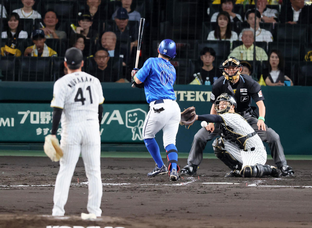 阪神対DeNA 2回表DeNA無死、林は村上のスローボールで死球を受ける（撮影・加藤哉）