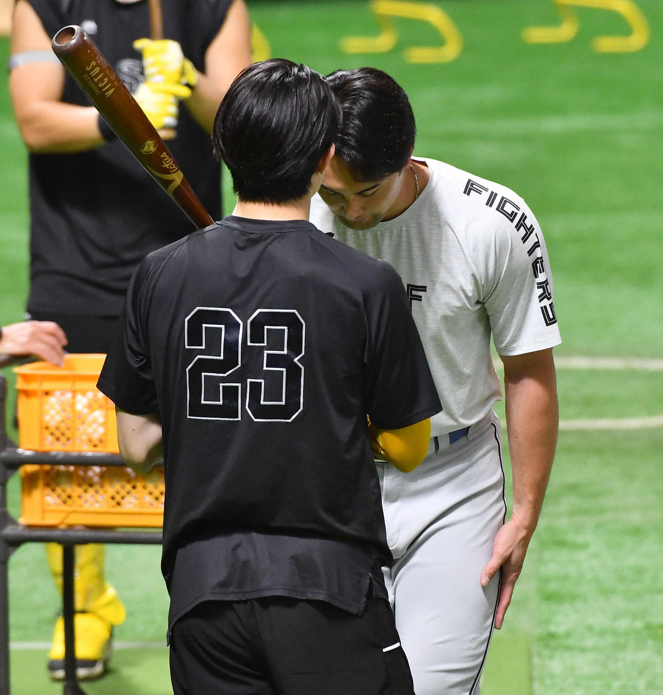 ソフトバンク対日本ハム　試合前、ソフトバンク周東（左）に9月18日の試合での死球の謝罪をする日本ハム上原（撮影・岩下翔太）