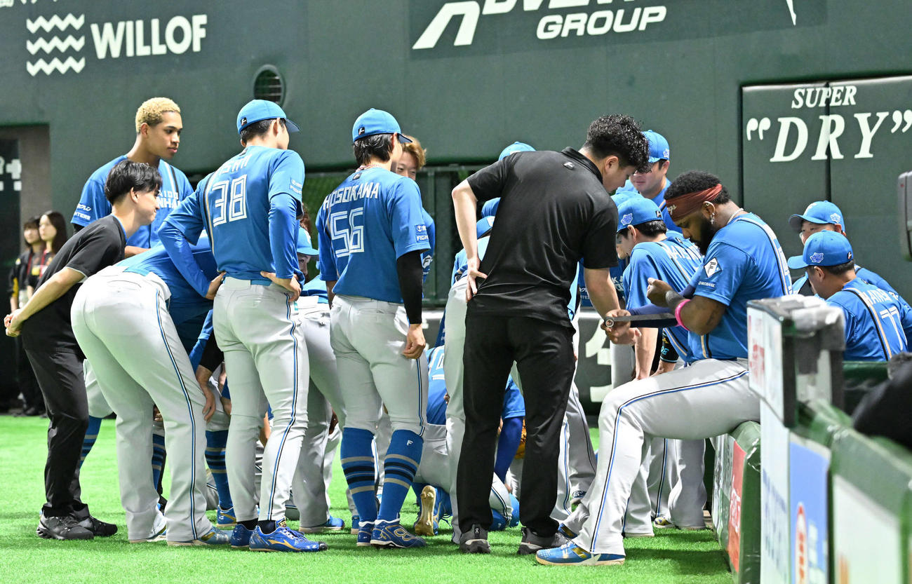 ソフトバンク対日本ハム　試合前円陣を組む日本ハムナイン（撮影・林敢治）