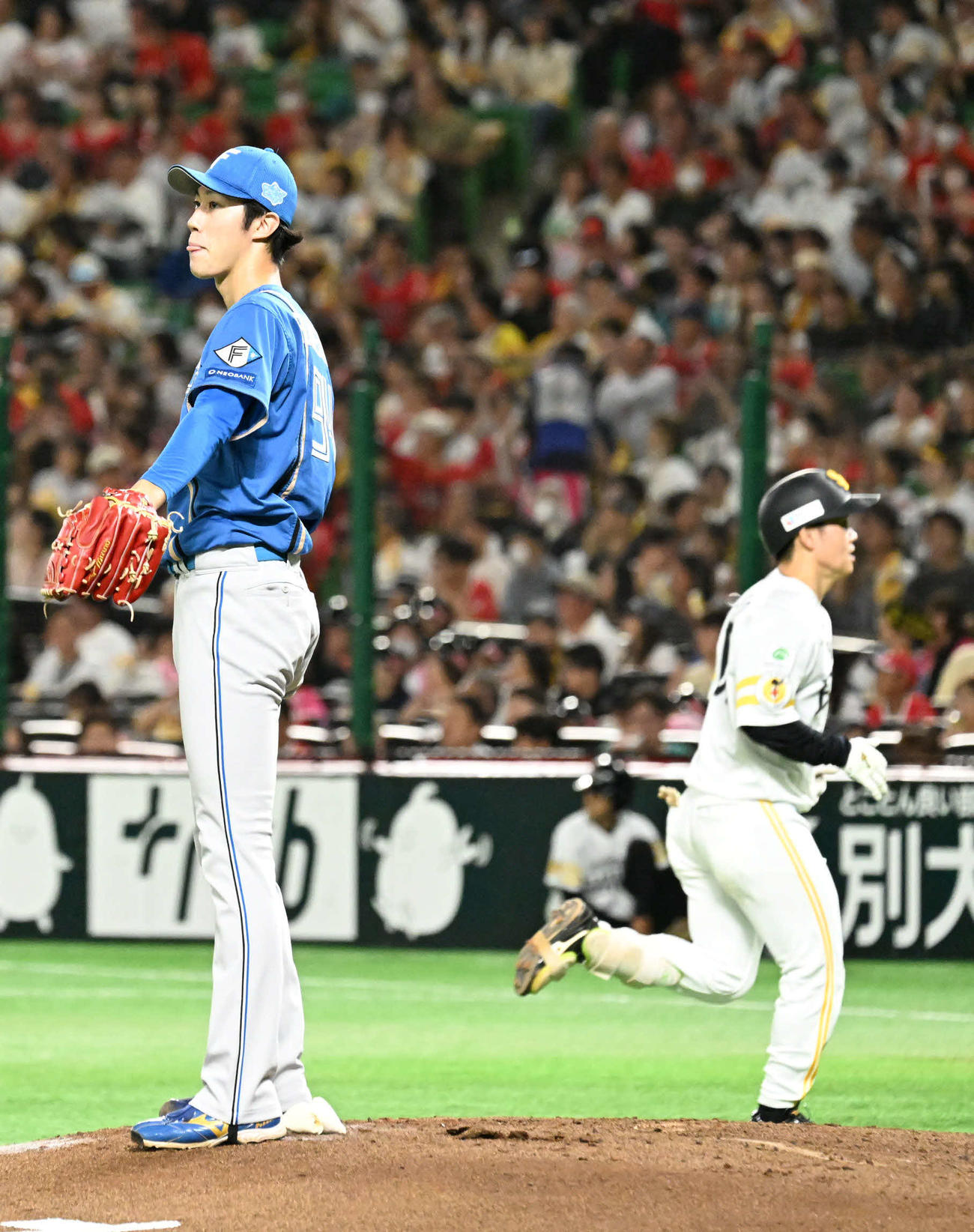 ソフトバンク対日本ハム　3回裏ソフトバンク1死、福島（左）は打者海野を中飛に仕留める（撮影・林敢治）
