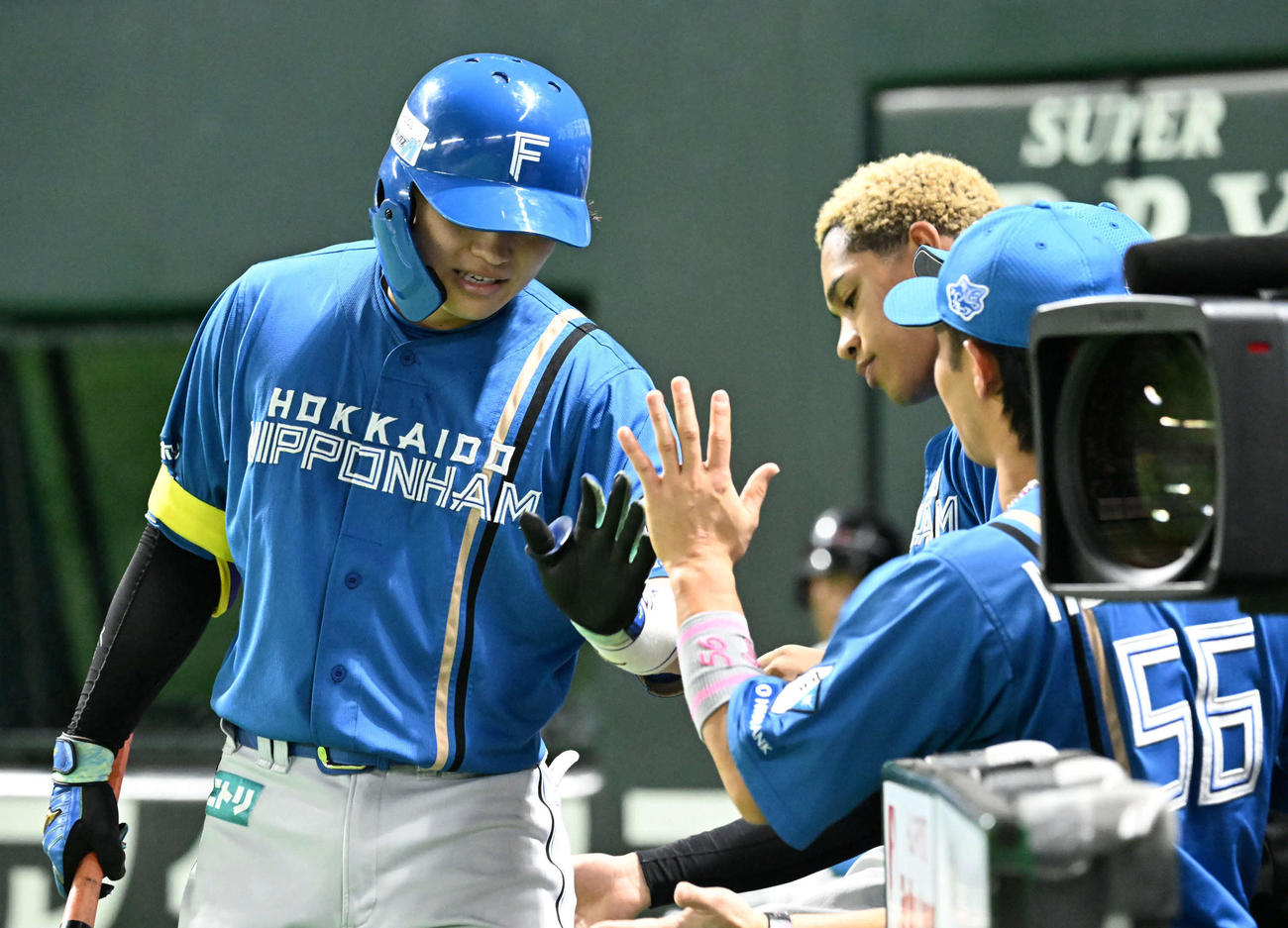 ソフトバンク対日本ハム　4回表日本ハム無死一、二塁、田宮（左）は送りバント成功（撮影・林敢治）