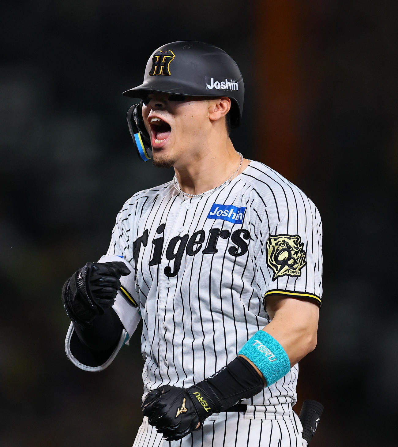 阪神対DeNA 8回裏阪神一、二塁、佐藤輝は右前適時打を放ちガッツポーズをする（撮影・藤尾明華）