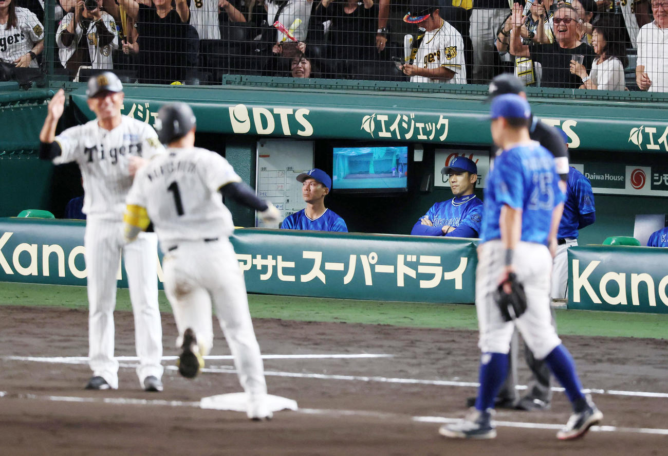 阪神対DeNA 10回裏阪神無死一塁、ベンチの三浦監督は森下にサヨナラ2点本塁打を浴び、腕を組んだままグラウンドを見つめる（撮影・加藤哉）