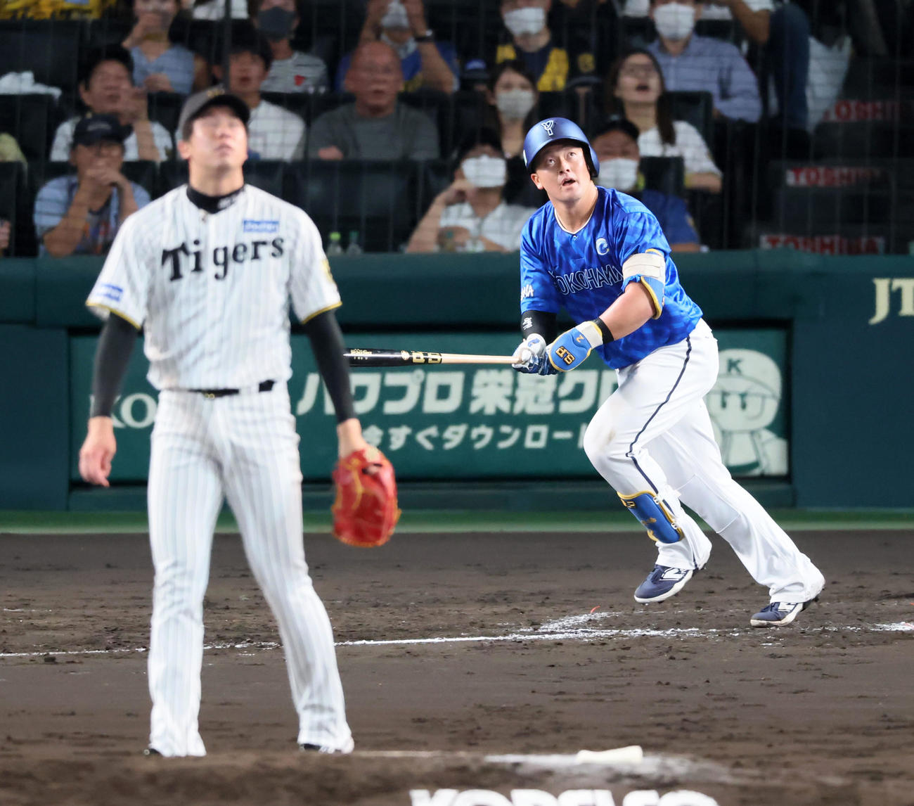 阪神対DeNA 4回表DeNA無死、牧は左越えソロ本塁打を放つ。投手才木（撮影・加藤哉）