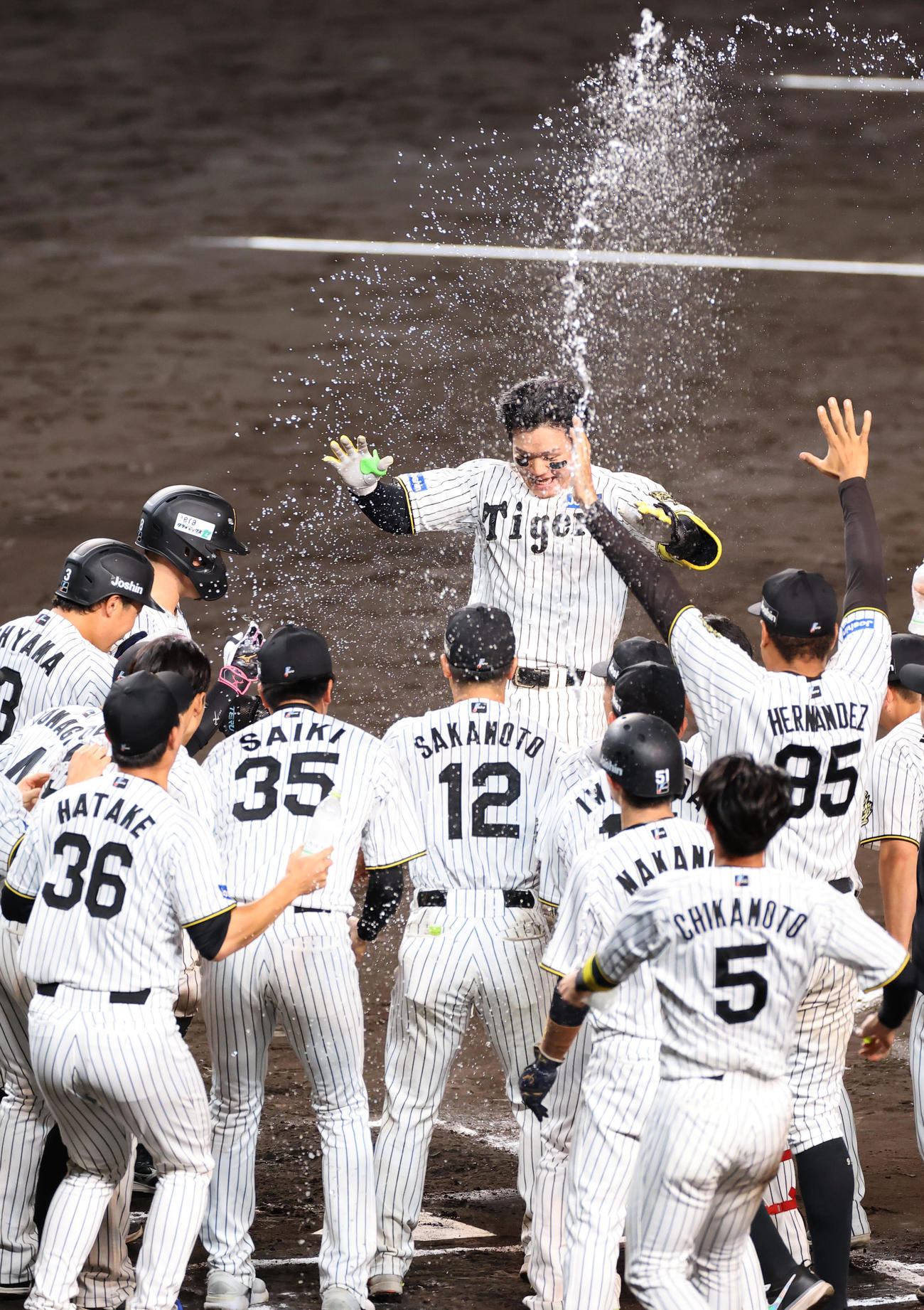 阪神対DeNA 10回裏阪神無死一塁、サヨナラ本塁打を放った森下はウオーターシャワーを浴びながらホームを踏む（撮影・上田博志）