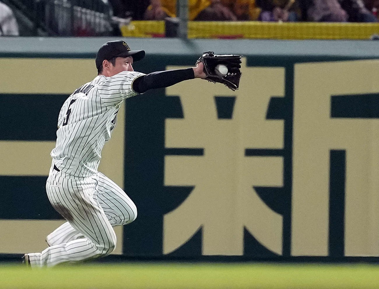 阪神対DeNA 6回表DeNA1死、代打フォードの飛球をスライディングキャッチする中堅手近本（撮影・たえ見朱実）