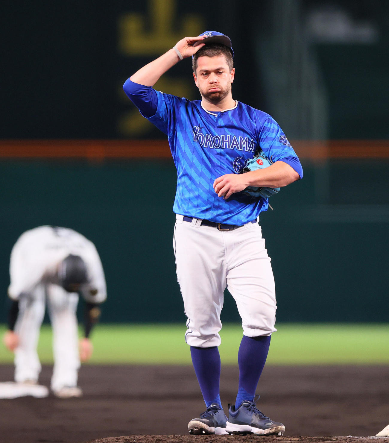 阪神対DeNA 3回裏阪神2死一、二塁、ケイは大山に左適時二塁打を浴びる（撮影・上山淳一）