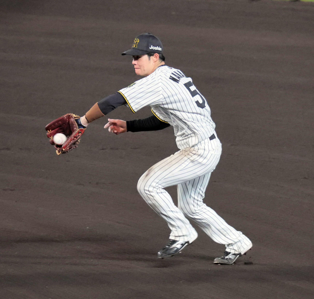CSファイナル阪神対DeNA 6回表DeNA2死、中野は蝦名の打球で好守を見せる（撮影・宮崎幸一）