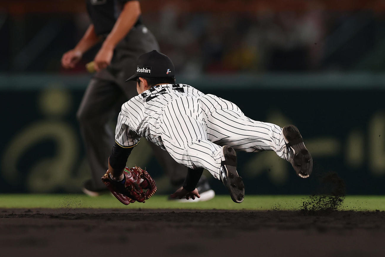 阪神対DeNA 4回表DeNA2死、筒香の打球で好守を見せる二塁手中野（撮影・前田充）