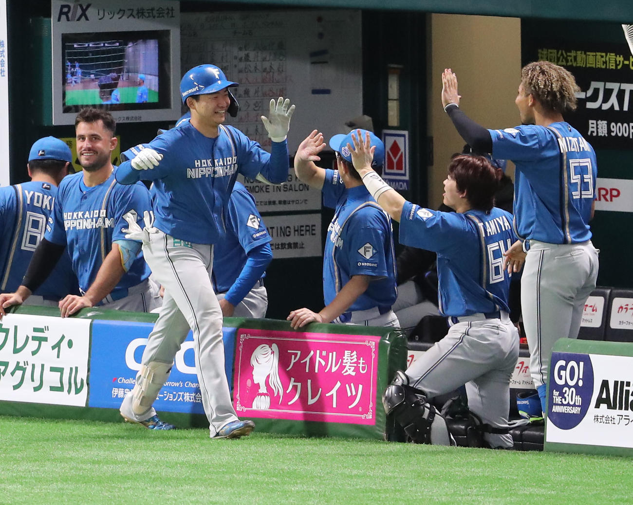 ソフトバンク対日本ハム　6回表日本ハム無死、山県は左越え本塁打を放ちベンチのナインとハイタッチ（撮影・梅根麻紀）