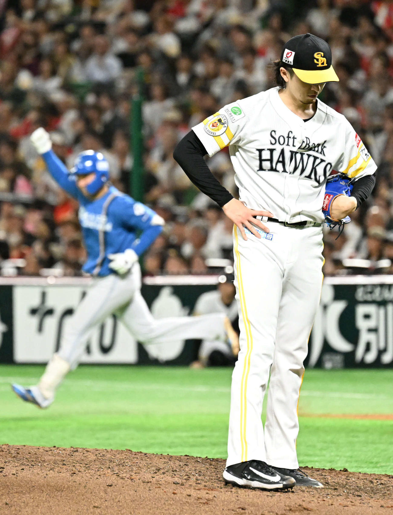 ソフトバンク対日本ハム　7回表日本ハム無死、上沢（右）は山県に本塁打を許す（撮影・林敢治）