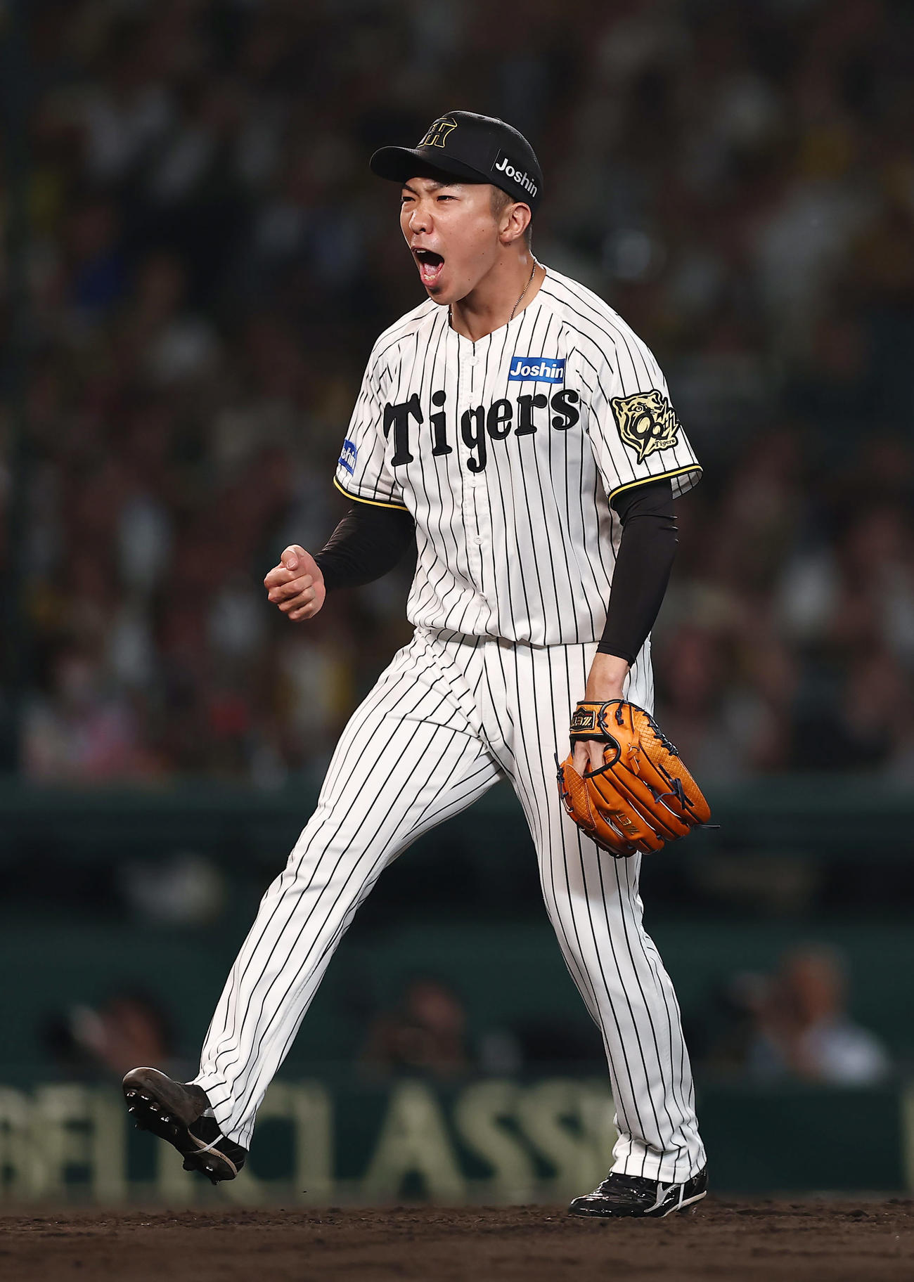 阪神対DeNA 8回表DeNA2死満塁、蝦名を空振り三振に仕留め、雄たけびを上げる石井（撮影・前田充）