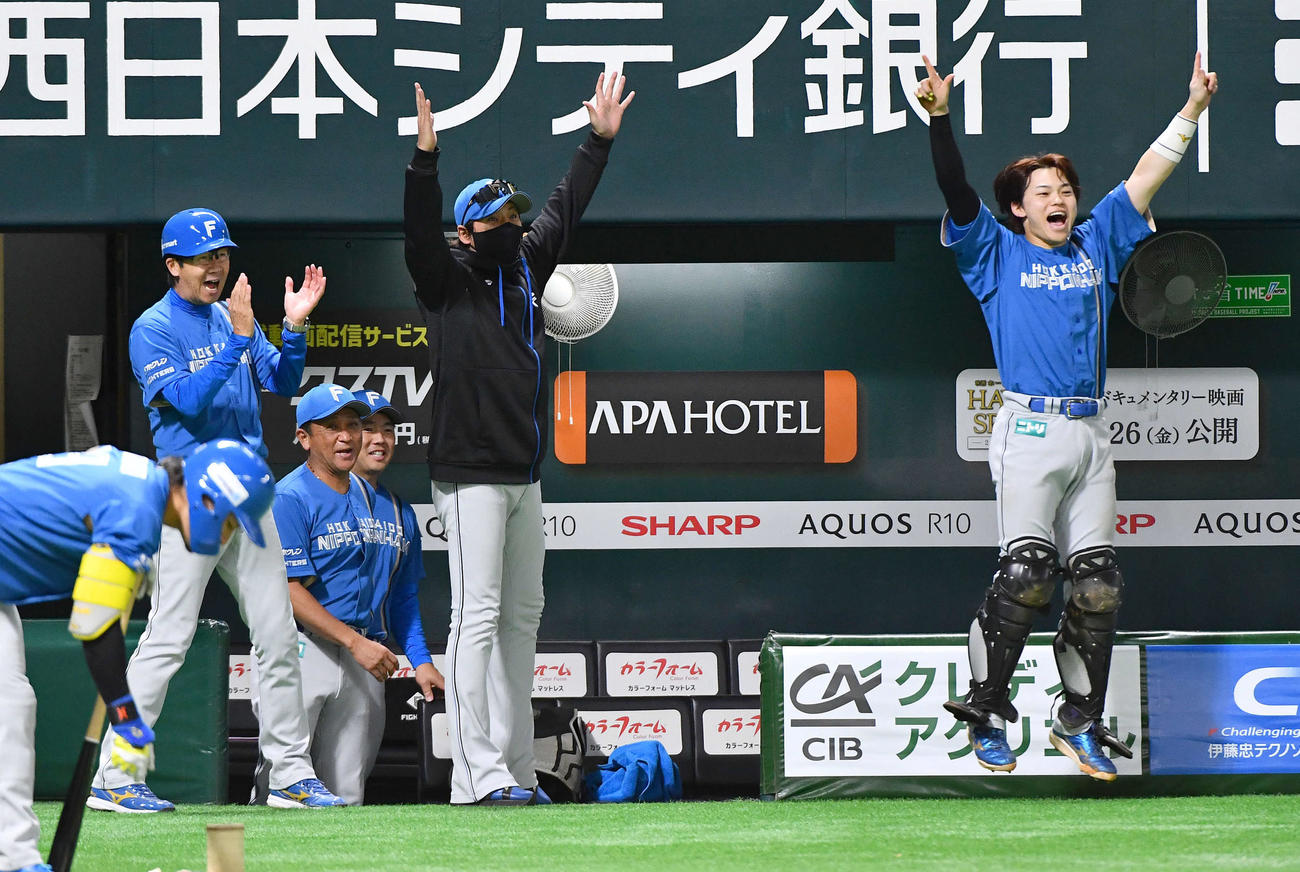 ソフトバンク対日本ハム　7回表日本ハム無死、山県が左越え本塁打を放ち、ばんざいする新庄監督（右から2人目）と歓喜する日本ハムナイン（撮影・岩下翔太）