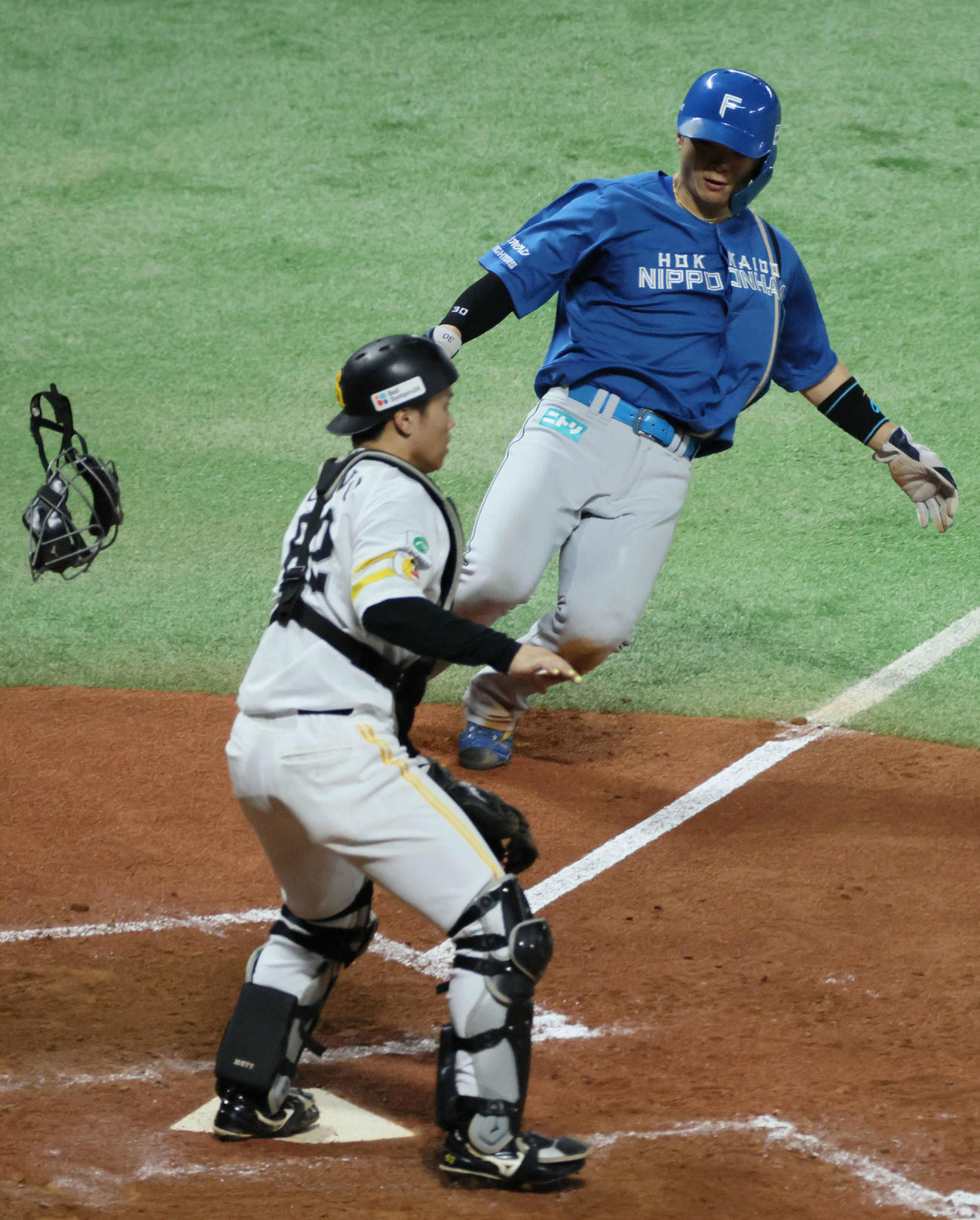 ソフトバンク対日本ハム　5回表日本ハム1死一、三塁、田宮のスクイズバントで郡司が生還。捕手は海野（撮影・加藤孝規）
