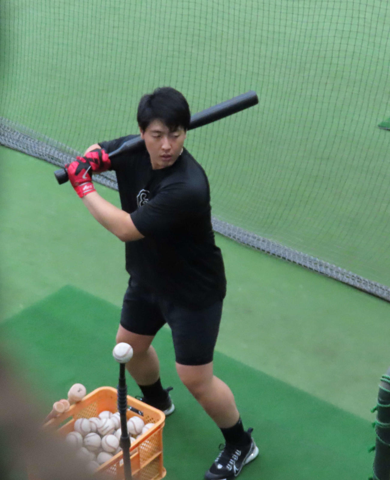 打撃練習をする巨人岡本（撮影・水谷京裕）