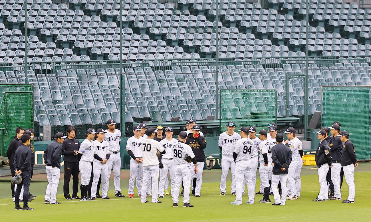 練習前に円陣を組む阪神ナイン（撮影・藤尾明華）