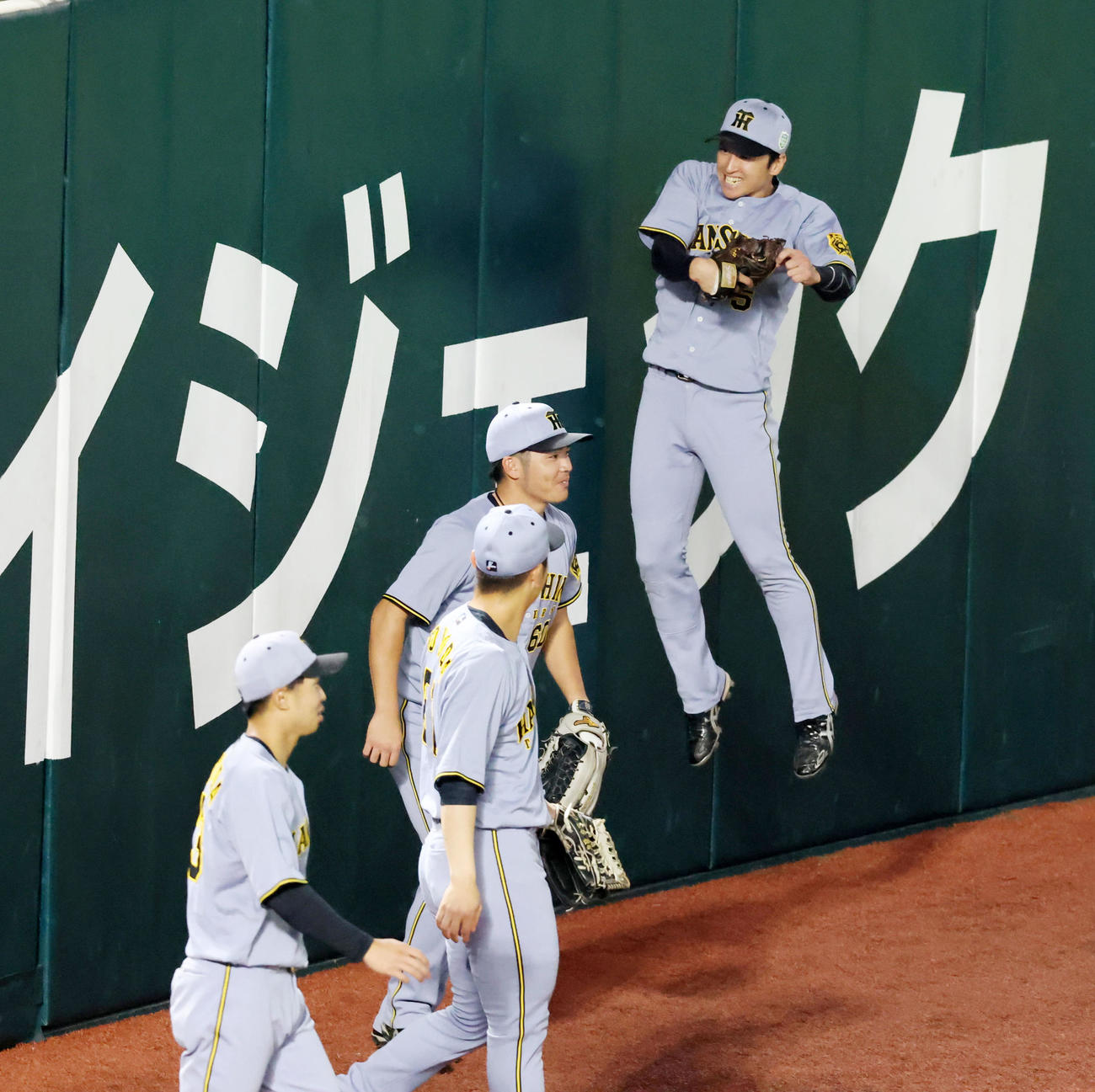 フェンスへ体当たりする阪神近本と外野手陣（撮影・加藤哉）