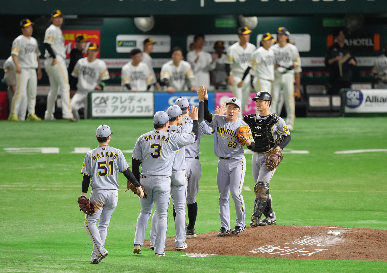 ソフトバンク対阪神　ソフトバンクに勝利しタッチを交わす石井（右から2人目）ら阪神ナイン（撮影・足立雅史）