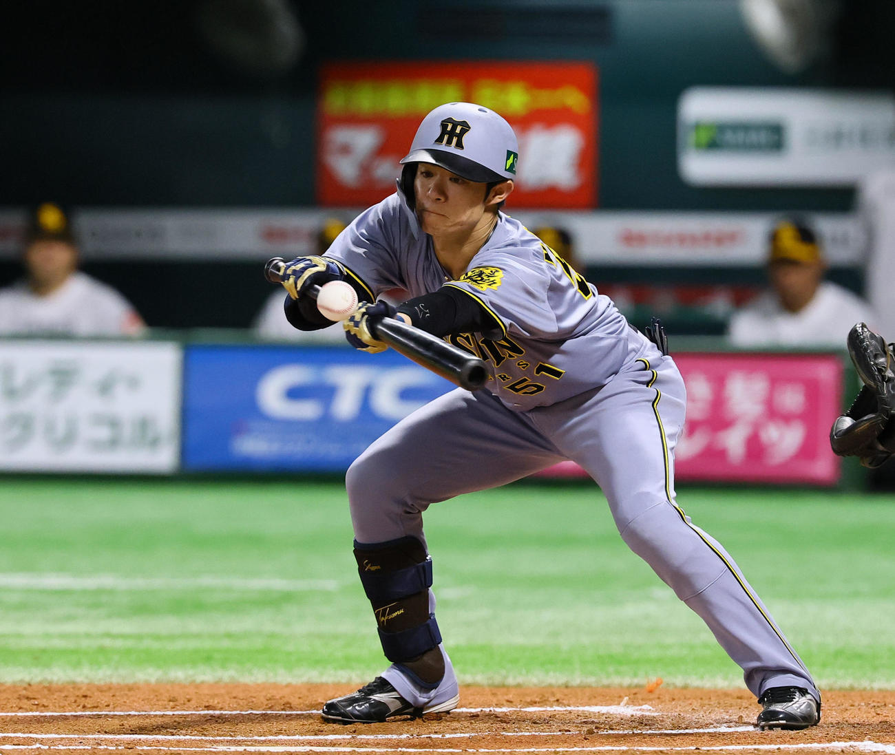 ソフトバンク対阪神　6回表阪神無死二塁、中野は三塁線にバント安打を決める（撮影・藤尾明華）