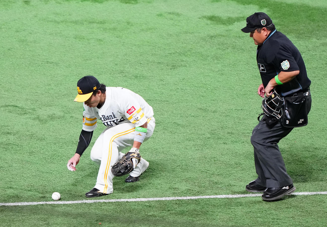 ソフトバンク対阪神　6回表阪神無死二塁、中野のバント球を見てしまい、内野安打を許す三塁手野村（撮影・鈴木みどり）