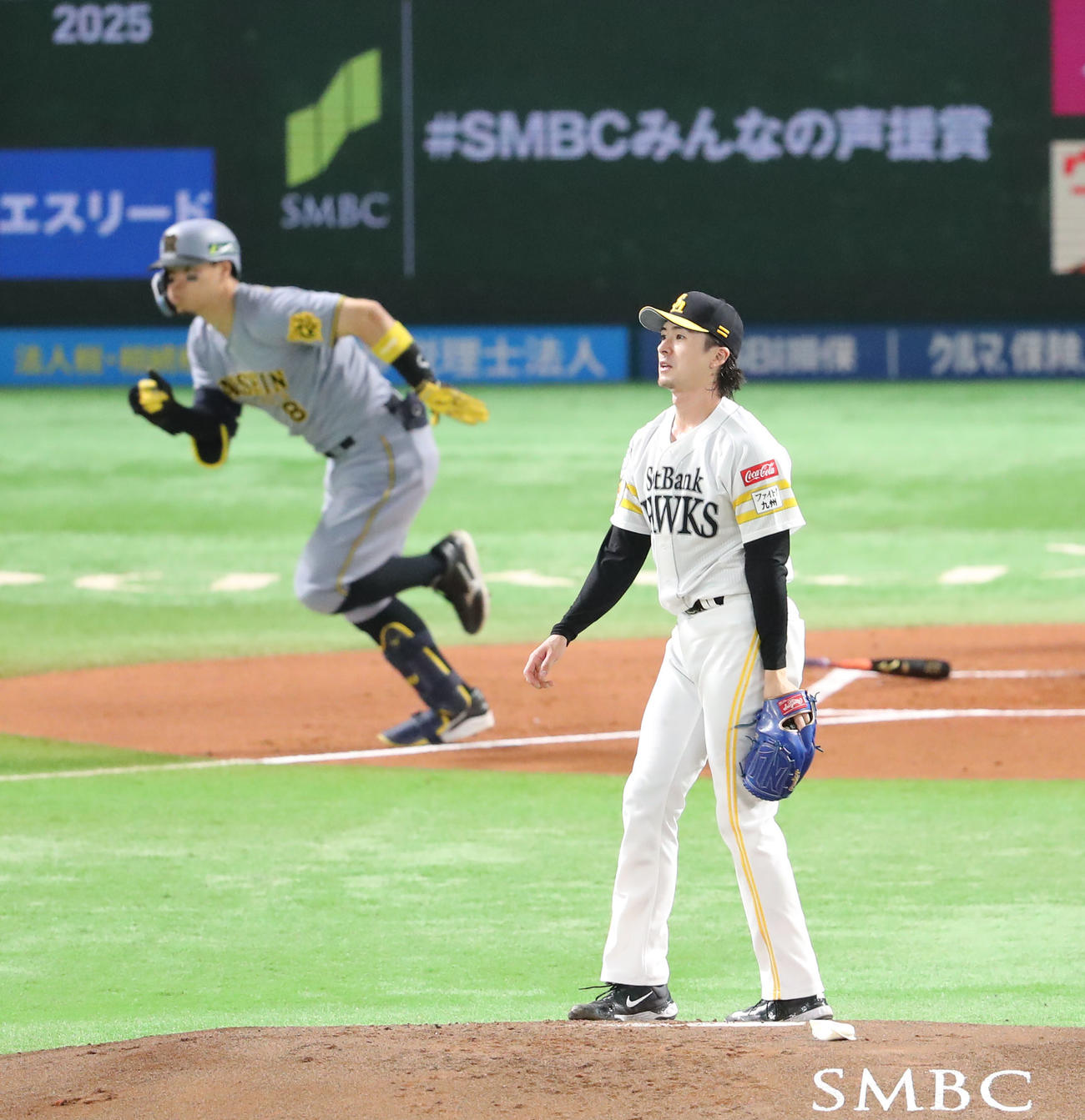 ソフトバンク対阪神　1回表阪神1死二、三塁、佐藤輝に右前先制適時打を浴びた上沢（撮影・梅根麻紀）