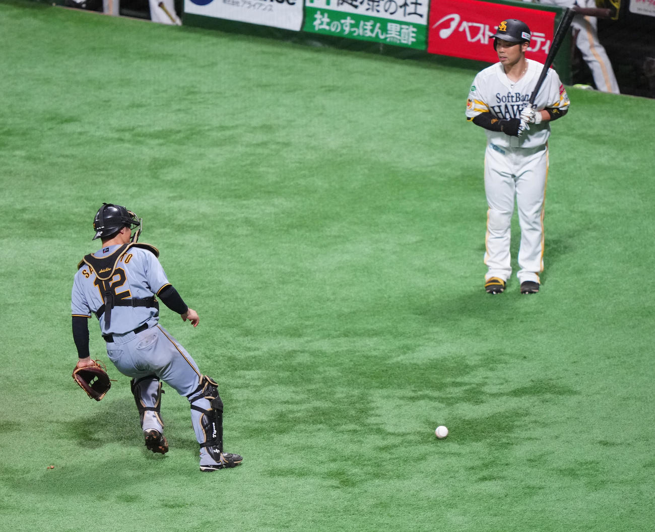 ソフトバンク対阪神　5回裏ソフトバンク2死一、三塁、打者柳町の時、伊原が暴投した球を追う捕手坂本（撮影・鈴木みどり）