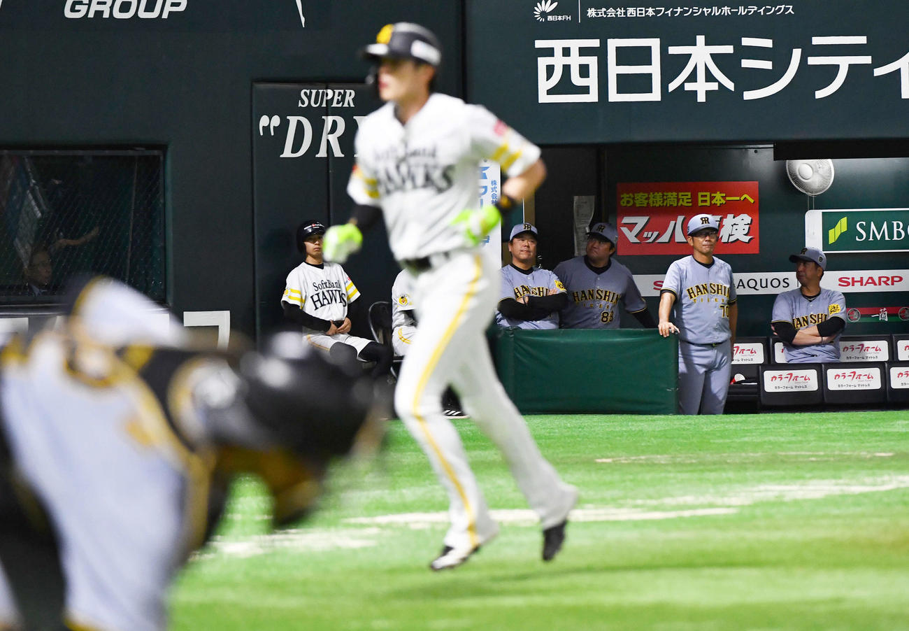 ソフトバンク対阪神　2回裏ソフトバンク2死三塁、柳町への四球が暴投となり三塁走者・周東（中央）の生還を許し、厳しい表情を見せる藤川監督（右端）と阪神コーチ陣（撮影・岩下翔太）