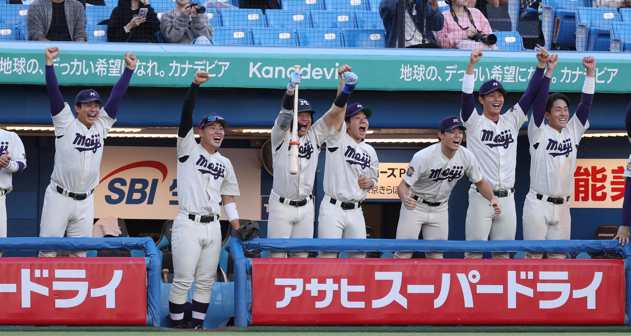 明大対立大　8回に点が入り喜ぶ明大ナイン（撮影・柴田隆二）
