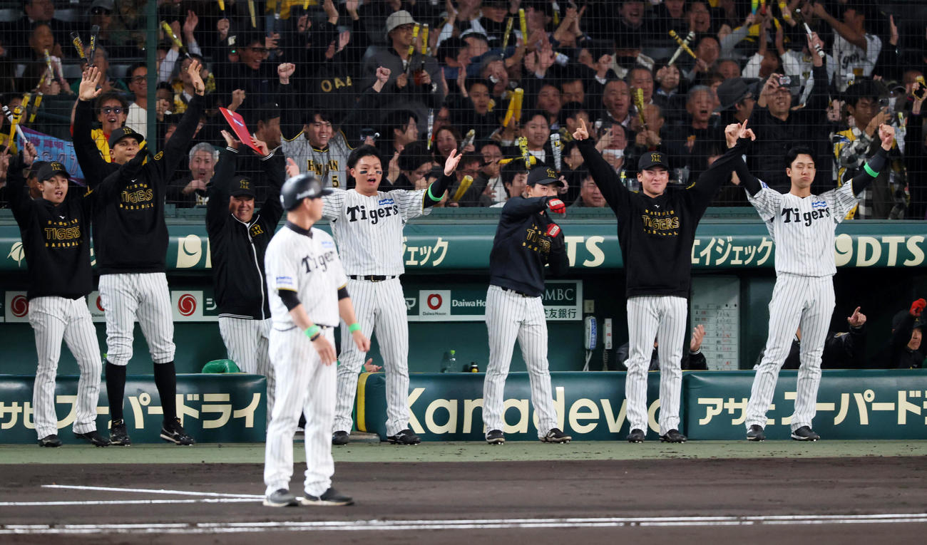 阪神対ソフトバンク　1回裏阪神2死一塁、佐藤輝の右越え適時二塁打で盛り上がるベンチのナイン（撮影・加藤哉）