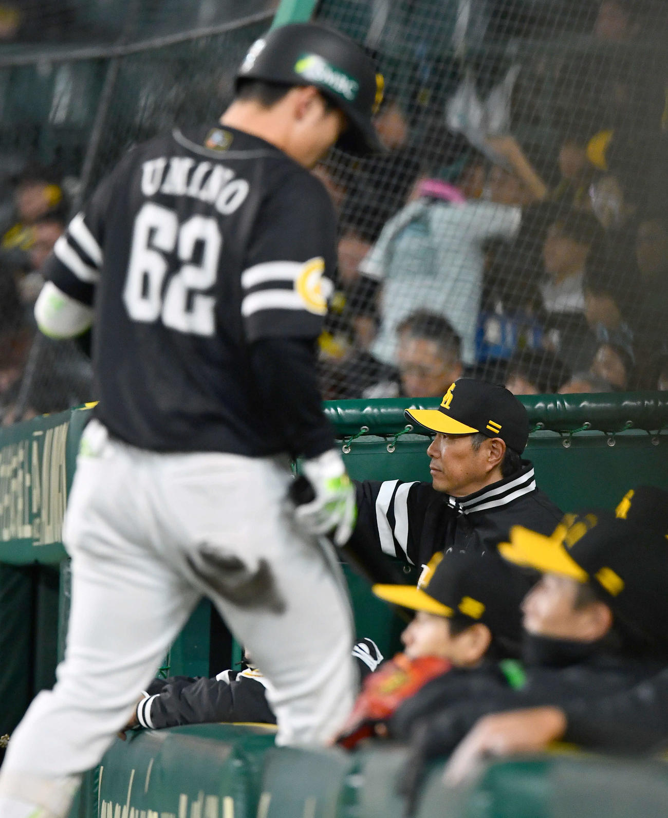 阪神対ソフトバンク　5回表ソフトバンク無死二塁、海野（左）の一ゴロで2者が走塁死となり、グラウンドを見つめる小久保監督（撮影・岩下翔太）