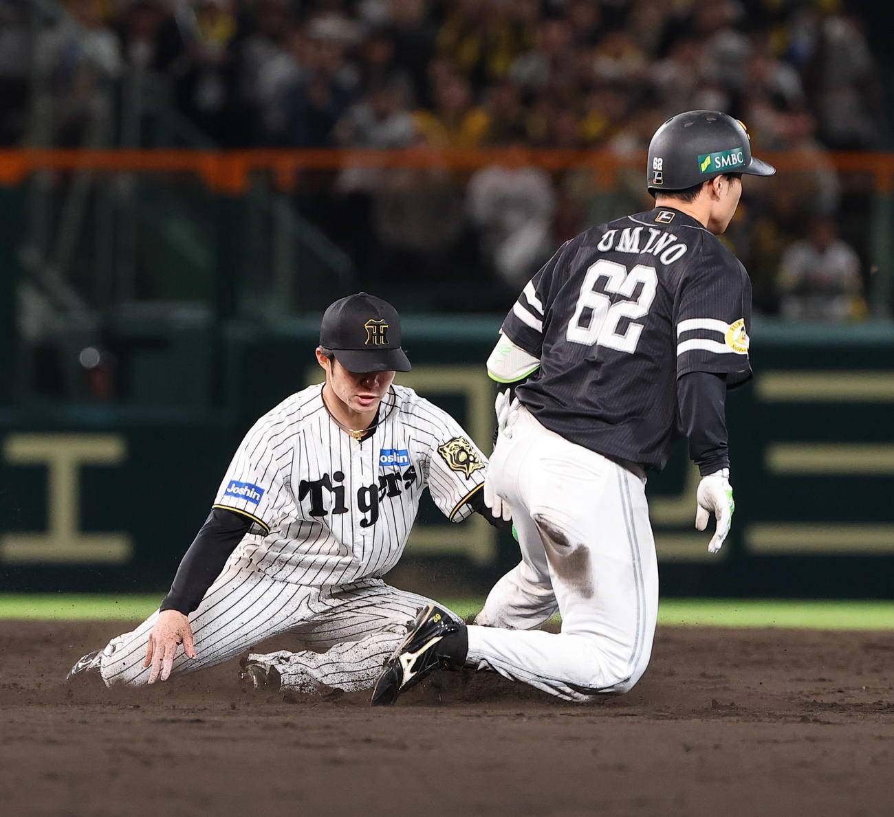 阪神対ソフトバンク　5回表ソフトバンク無死二塁、牧原大の挟殺の間に二塁を狙うも憤死する海野。二塁手は中野（撮影・上田博志）