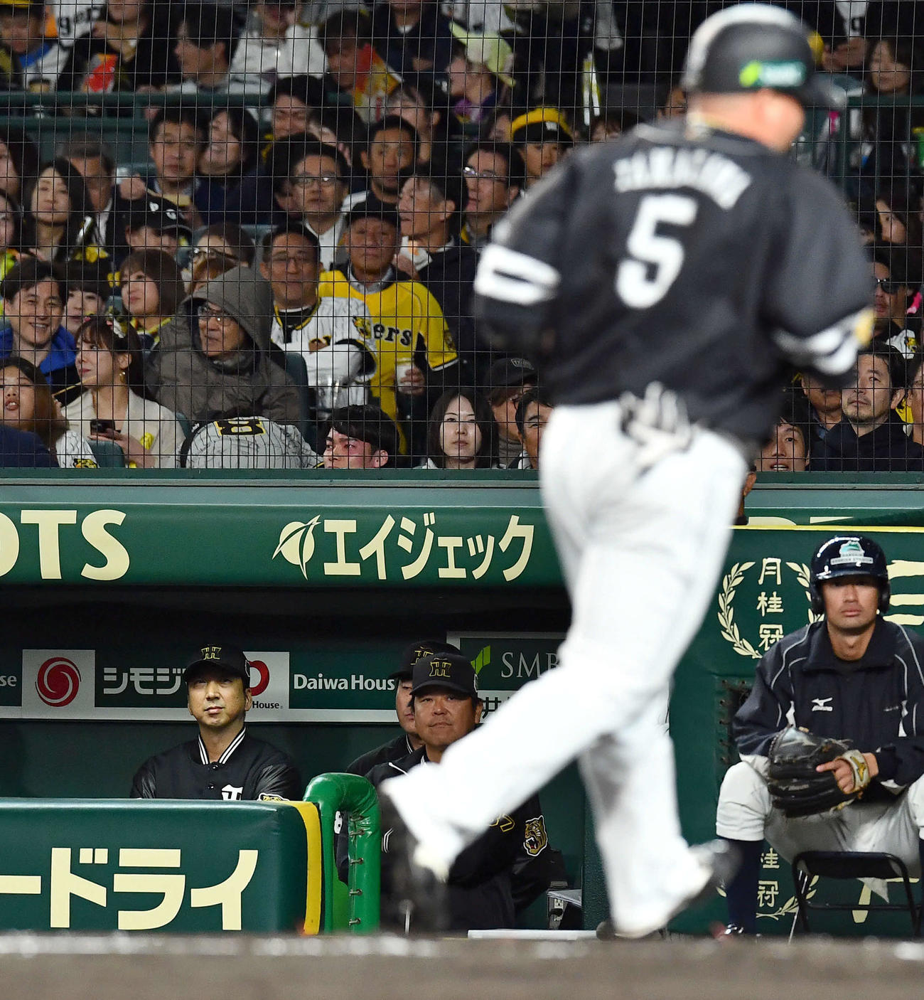 阪神対ソフトバンク　4回表ソフトバンク1死、中越えに同点本塁打を放った山川（手前右）を見つめる藤川監督（左）と阪神コーチ陣（撮影・岩下翔太）